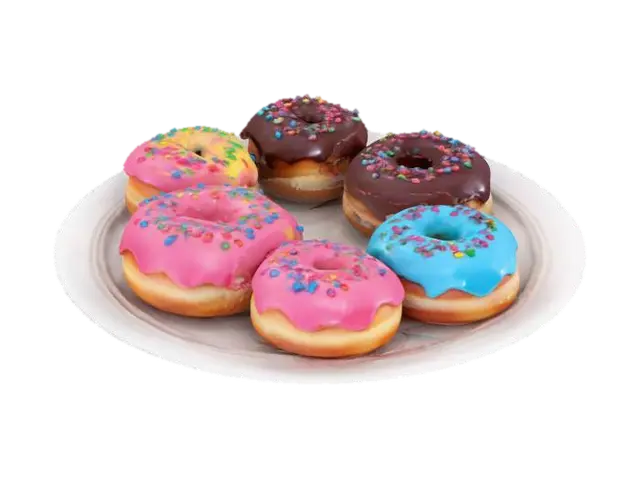 A plate of freshly baked donuts covered in glossy pink, blue, and chocolate glaze,… - Donut 3D model, vytvořený pomocí AI