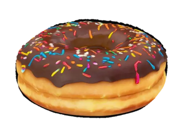 one freshly baked donut covered in glossy chocolate glaze, sprinkled with colorful… 3D model, vytvořený pomocí AI