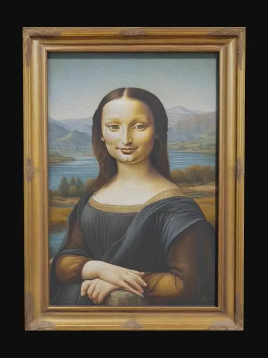 3D model for Mona Lisa ist ein berühmtes Renaissance-Gemälde in einem eleganten Rahmen. Es zeigt eine Frau mit einem geheimnisvollen Lächeln, dunklen, leicht gewellten Haaren und einem schlichten, dunklen Kleid mit goldenen Details. Ihr Blick scheint dem Betrachter zu folgen. Der Hintergrund zeigt eine Landschaft mit Hügeln, einem Fluss und einer Steinbrücke. Weiches Licht und sanfte Erdtöne verleihen dem Bild Tiefe und Realismus.