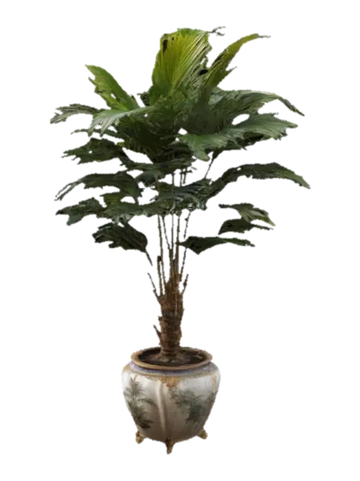 An indoor palm two metres high in an ornate Victorian plant pot. 3D model, vytvořený pomocí AI