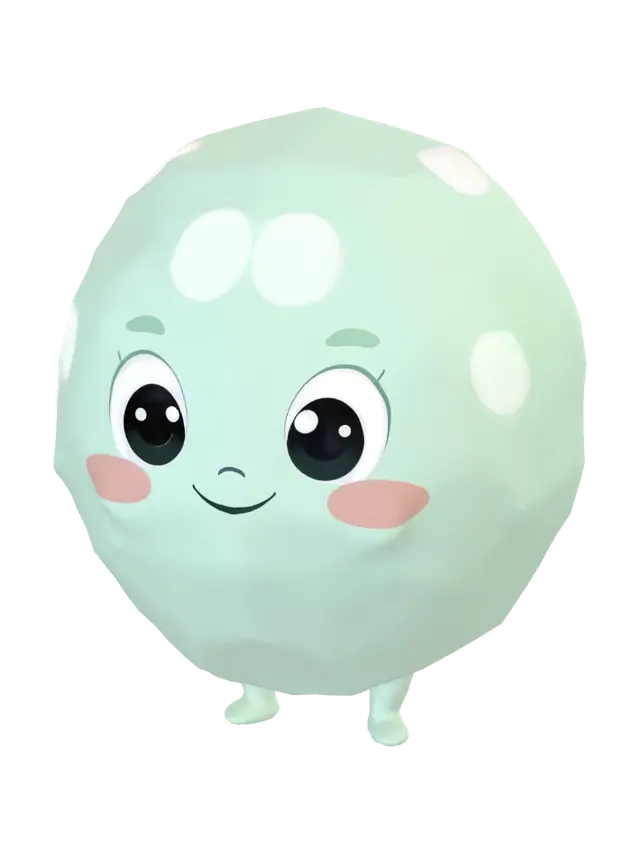 3D model for cute round mint green blob creature, big sparkly innocent eyes, tiny happy smile, small stubby feet, soft pastel colors, low poly stylized cartoon game character