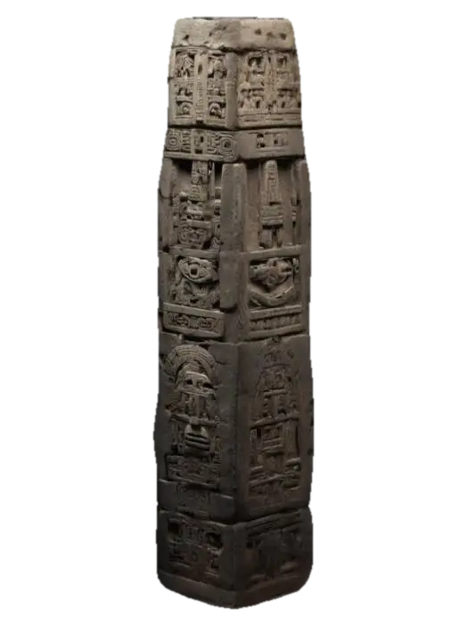 A slender Aztec ceremonial stele made entirely with Aztec culture forms, inspired by… 3D model, vytvořený pomocí AI