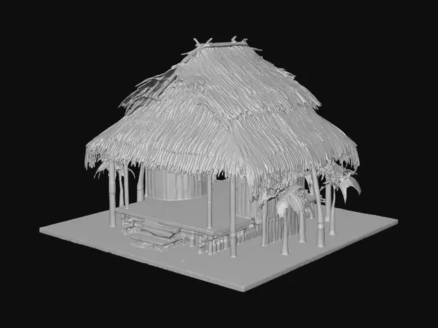 3D model for Ultra low poly tropical hut, 20ft x 20ft single room raised 5 feet on simple bamboo stilts, basic blocky geometry with minimal faces, bamboo pole walls and supports, simple wooden plank floor, thatched roof made of low-detail grass and palm fronds using flat planes and basic texture, open doorway leading to attached 10ft x 20ft wooden deck, basic wooden stairs from deck to ground, rough wooden framed rectangular window openings on all four walls with no glass, extremely simplified shapes, minimal polygons, low face count, clean quad topology, game asset, no ground plane, no furniture, no interior details, isolated model on transparent background, optimized for Second Life and Blender