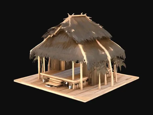 3D model for Ultra low poly tropical hut, 20ft x 20ft single room raised 5 feet on simple bamboo stilts, basic blocky geometry with minimal faces, bamboo pole walls and supports, simple wooden plank floor, thatched roof made of low-detail grass and palm fronds using flat planes and basic texture, open doorway leading to attached 10ft x 20ft wooden deck, basic wooden stairs from deck to ground, rough wooden framed rectangular window openings on all four walls with no glass, extremely simplified shapes, minimal polygons, low face count, clean quad topology, game asset, no ground plane, no furniture, no interior details, isolated model on transparent background, optimized for Second Life and Blender