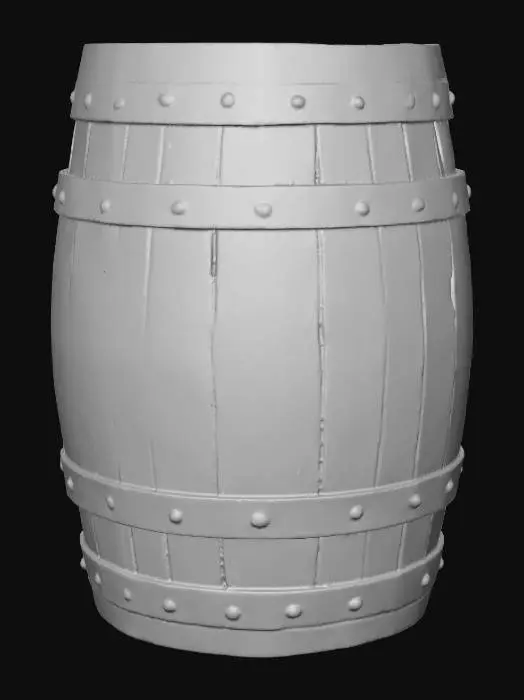 3D model for Extremely low poly old whiskey barrel standing on end, blocky simplified cylindrical shape with minimal faces, heavily aged cracked wood texture, heavily rusted metal bands, burned oval logo "Xoco's Whiskey" in old lettering, two burned plumeria blossoms — one upper right and one lower left of the logo, strong weathering and wear, very low triangle count, clean low-poly topology, isolated, transparent background, optimized for Second Life and Blenderr