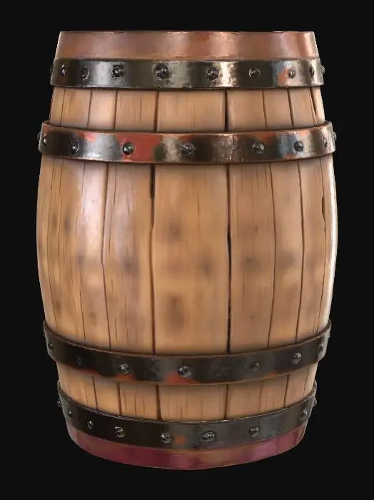 3D model for Extremely low poly old whiskey barrel standing on end, blocky simplified cylindrical shape with minimal faces, heavily aged cracked wood texture, heavily rusted metal bands, burned oval logo "Xoco's Whiskey" in old lettering, two burned plumeria blossoms — one upper right and one lower left of the logo, strong weathering and wear, very low triangle count, clean low-poly topology, isolated, transparent background, optimized for Second Life and Blenderr