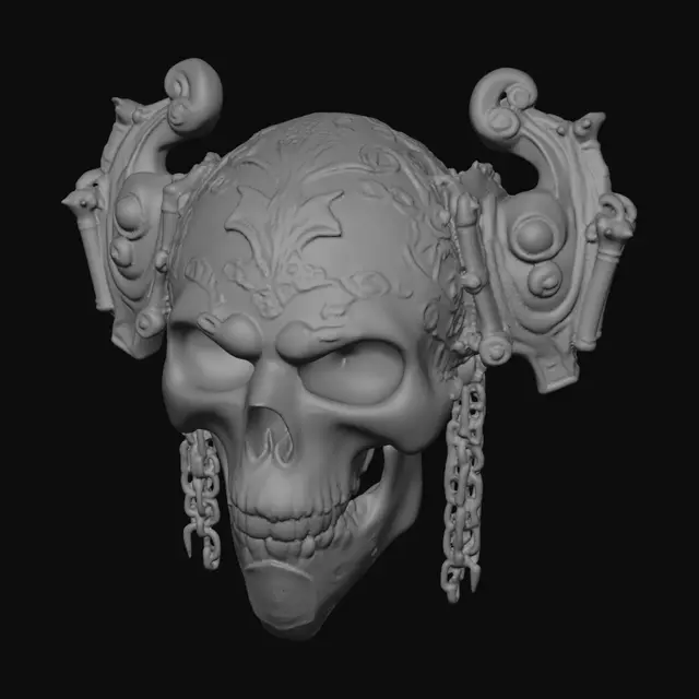 3D model for Standalone Single pauldron, shaped like a skull with very ornate and intricate engravings, cascading chains