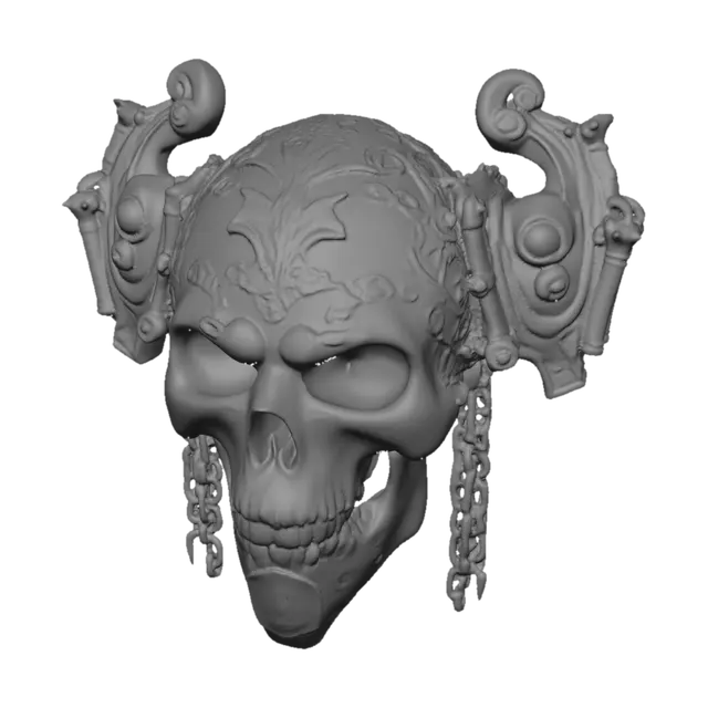 3D model for Standalone Single pauldron, shaped like a skull with very ornate and intricate engravings, cascading chains