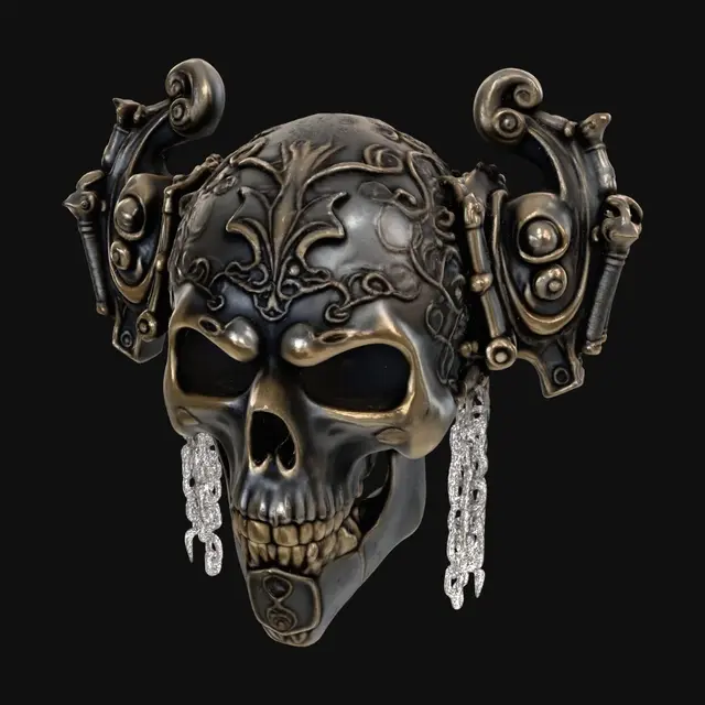3D model for Standalone Single pauldron, shaped like a skull with very ornate and intricate engravings, cascading chains