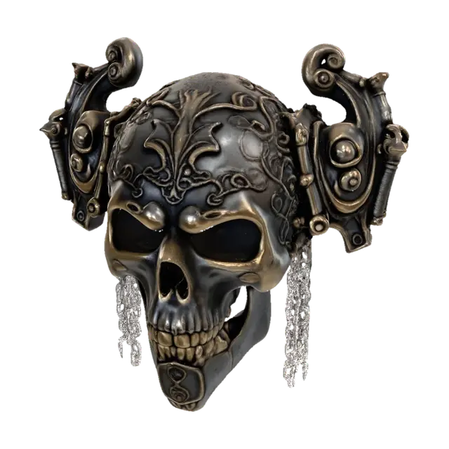 3D model for Standalone Single pauldron, shaped like a skull with very ornate and intricate engravings, cascading chains