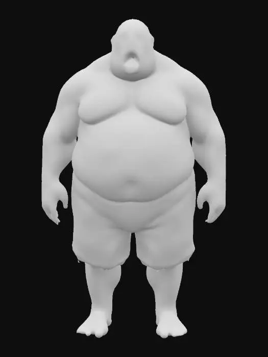3D model for a fat male character without a shirt ,with an abnormally huge  belly, the belly is filled with holes , he has a ragged short on, the limbs are swollen and he has no shoes on, mucus dripping from the belly holes and from the mouth, the eyes are dark , like a zombie