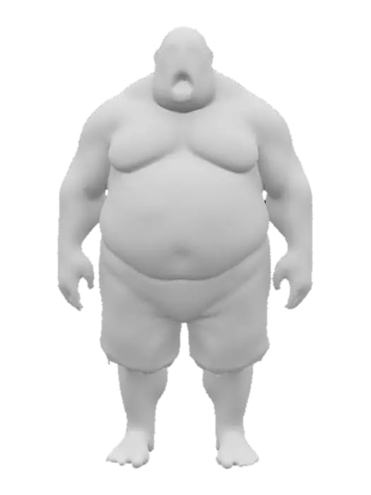 3D model for a fat male character without a shirt ,with an abnormally huge  belly, the belly is filled with holes , he has a ragged short on, the limbs are swollen and he has no shoes on, mucus dripping from the belly holes and from the mouth, the eyes are dark , like a zombie
