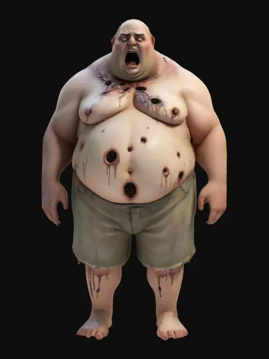 3D model for a fat male character without a shirt ,with an abnormally huge  belly, the belly is filled with holes , he has a ragged short on, the limbs are swollen and he has no shoes on, mucus dripping from the belly holes and from the mouth, the eyes are dark , like a zombie