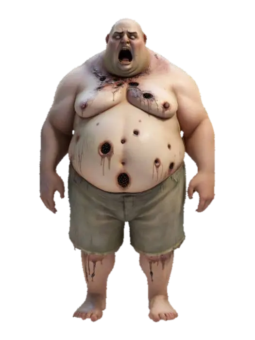 3D model for a fat male character without a shirt ,with an abnormally huge  belly, the belly is filled with holes , he has a ragged short on, the limbs are swollen and he has no shoes on, mucus dripping from the belly holes and from the mouth, the eyes are dark , like a zombie