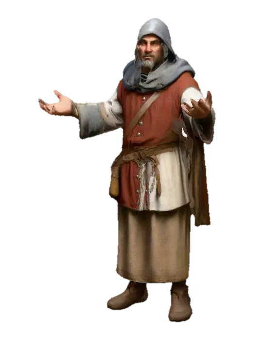a medieval merchant character standing - Trader 3D model, vytvořený pomocí AI