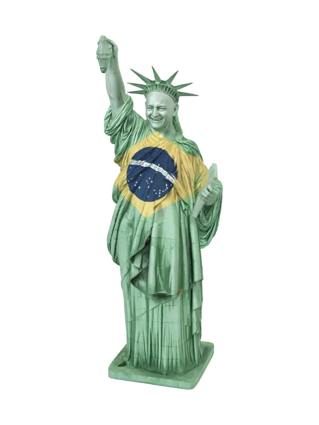 3D model for just substitute the liberty statue head by the head in the other image and create a brazilian flag inspired texture for the statue