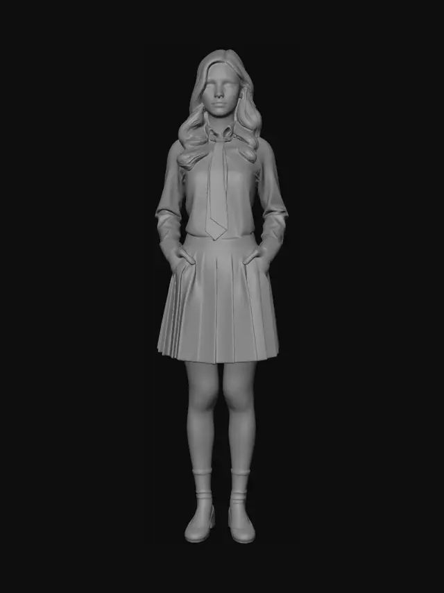 3D model for Full body of a young woman in a white blouse, a green necktie, a green and black tartan pleated skirt, white socks and brown flats.