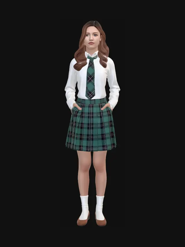 3D model for Full body of a young woman in a white blouse, a green necktie, a green and black tartan pleated skirt, white socks and brown flats.