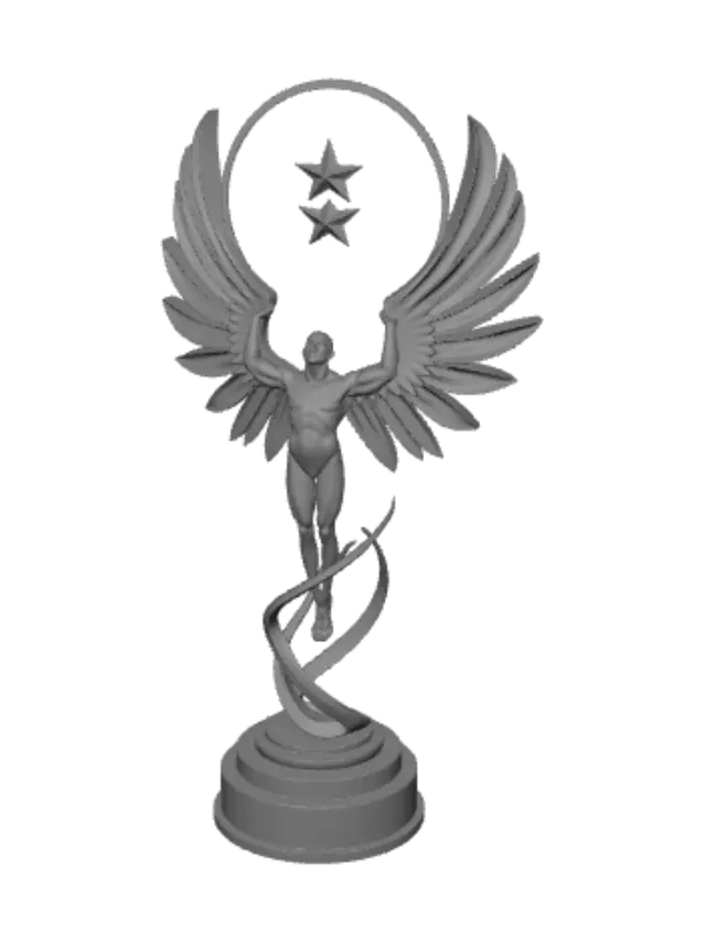 3D model for The Ascension – an extraordinary victory trophy depicting a human figure abstractly emerging from a twisting spiral of energy. Eight elegant metallic wings rise from the base and converge into a floating star-shaped crystal suspended within a circular halo. The design symbolizes perseverance, ambition, and ultimate achievement. Luxury brushed gold, polished titanium, crystal glass, dramatic lighting, sculptural masterpiece, museum exhibit quality, ultra detailed, cinematic, iconic silhouette, premium industrial design, 8K.