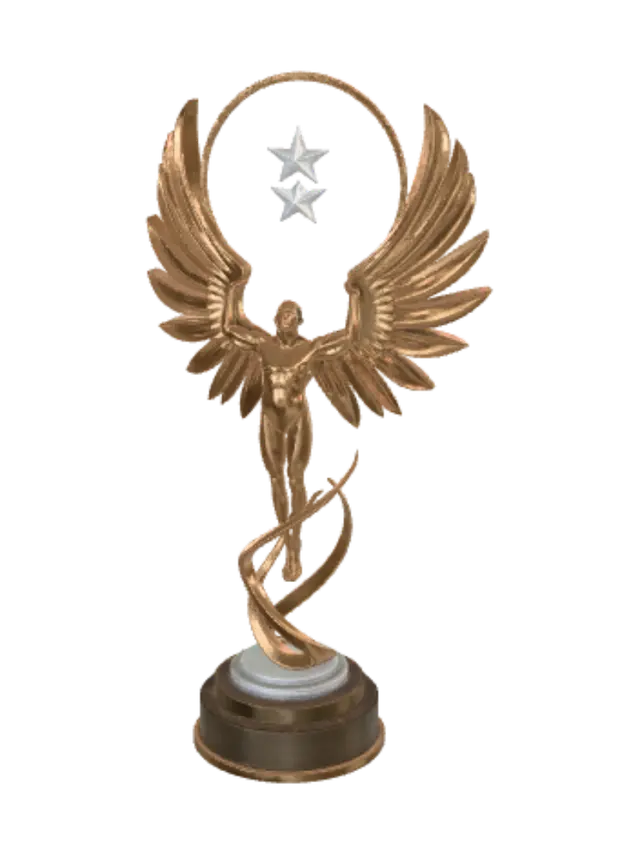 3D model for The Ascension – an extraordinary victory trophy depicting a human figure abstractly emerging from a twisting spiral of energy. Eight elegant metallic wings rise from the base and converge into a floating star-shaped crystal suspended within a circular halo. The design symbolizes perseverance, ambition, and ultimate achievement. Luxury brushed gold, polished titanium, crystal glass, dramatic lighting, sculptural masterpiece, museum exhibit quality, ultra detailed, cinematic, iconic silhouette, premium industrial design, 8K.