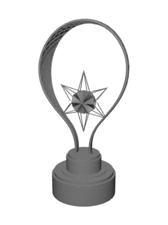 3D model for The Infinite Champion trophy, a breathtaking Möbius strip sculpture transforming into a seamless infinity loop. The polished metallic ribbon twists upward while thousands of tiny triangular facets gradually emerge from its surface, dissolving into glowing particles. Suspended in the center is a floating crystal star held only by magnetic energy. The base is minimal black marble with subtle concentric rings symbolizing history and legacy. Elegant, futuristic, museum-quality sculpture, premium industrial design, impossible geometry, brushed titanium, crystal glass, cinematic lighting, ultra realistic, highly detailed, iconic silhouette, award-winning concept art, clean black background.