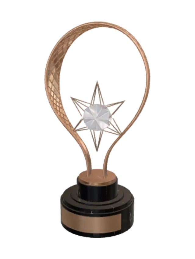 3D model for The Infinite Champion trophy, a breathtaking Möbius strip sculpture transforming into a seamless infinity loop. The polished metallic ribbon twists upward while thousands of tiny triangular facets gradually emerge from its surface, dissolving into glowing particles. Suspended in the center is a floating crystal star held only by magnetic energy. The base is minimal black marble with subtle concentric rings symbolizing history and legacy. Elegant, futuristic, museum-quality sculpture, premium industrial design, impossible geometry, brushed titanium, crystal glass, cinematic lighting, ultra realistic, highly detailed, iconic silhouette, award-winning concept art, clean black background.