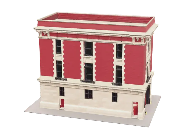Low-Poly Ghostbusters Firehouse 3D model, vytvořený pomocí AI