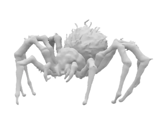 3D model for A massive, beast spider with saturated phosphorescent bloom instead of abdomen, its body is translucent white bio color almost like ghost texture. It has eight piercing red blood eyes and a maw filled with sharp fangs. Wisps of lightning energy coil around its muscular limbs as it moves with eerie, vivid colors, highly detailed