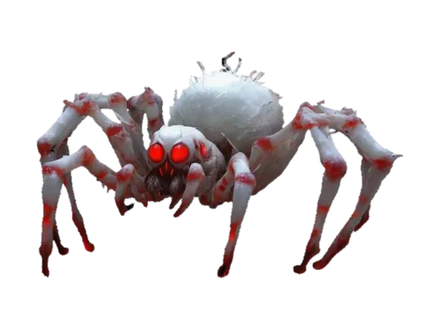 3D model for A massive, beast spider with saturated phosphorescent bloom instead of abdomen, its body is translucent white bio color almost like ghost texture. It has eight piercing red blood eyes and a maw filled with sharp fangs. Wisps of lightning energy coil around its muscular limbs as it moves with eerie, vivid colors, highly detailed