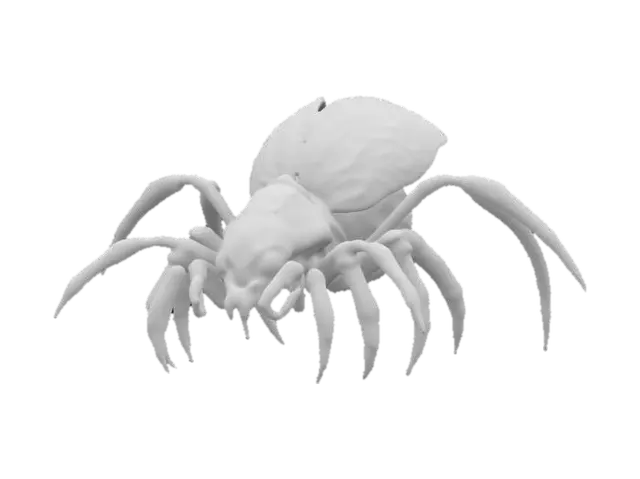 3D model for A massive, beast spider with saturated phosphorescent flower bloom, petals instead of body, its body is translucent white bio color almost like ghost texture. It has eight piercing red blood eyes and a maw filled with sharp fangs. Wisps of lightning energy coil around its muscular limbs as it moves with eerie, vivid colors, highly detailed