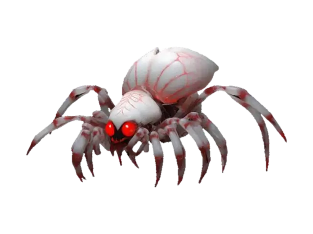 3D model for A massive, beast spider with saturated phosphorescent flower bloom, petals instead of body, its body is translucent white bio color almost like ghost texture. It has eight piercing red blood eyes and a maw filled with sharp fangs. Wisps of lightning energy coil around its muscular limbs as it moves with eerie, vivid colors, highly detailed