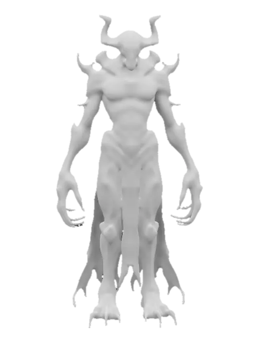3D model for A towering, otherworldly being with translucent, semi-biomechanical skin that reveals a network of glowing veins and dark, shifting shadows within. Its elongated skull is adorned with intricate, ancient runes that pulse with eerie energy. Sharp, obsidian-like claws extend from its fingers, crackling with a mix of eldritch magic. A flowing, tattered cloak of living darkness. Its glowing, abyssal eyes pierce through the void,