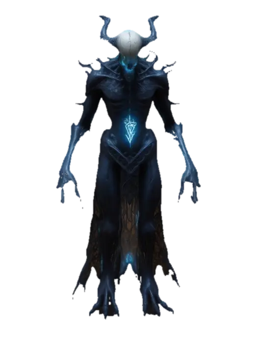 3D model for A towering, otherworldly being with translucent, semi-biomechanical skin that reveals a network of glowing veins and dark, shifting shadows within. Its elongated skull is adorned with intricate, ancient runes that pulse with eerie energy. Sharp, obsidian-like claws extend from its fingers, crackling with a mix of eldritch magic. A flowing, tattered cloak of living darkness. Its glowing, abyssal eyes pierce through the void,