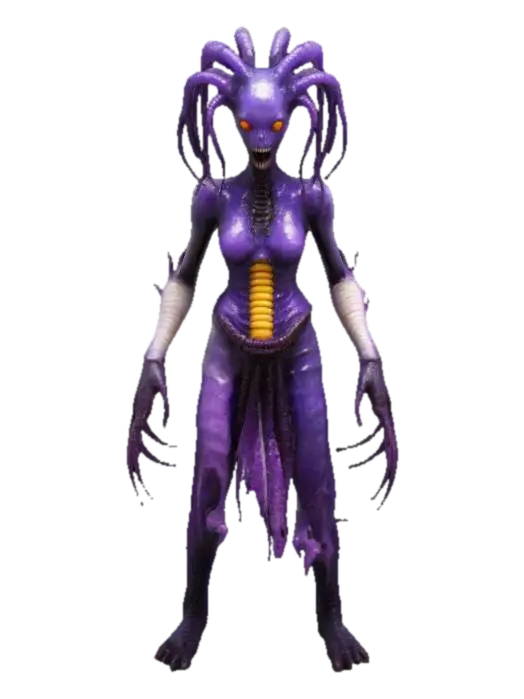 game character humanoid centipede like woman, With tentacle hairstyle, iolite and… 3D model, vytvořený pomocí AI