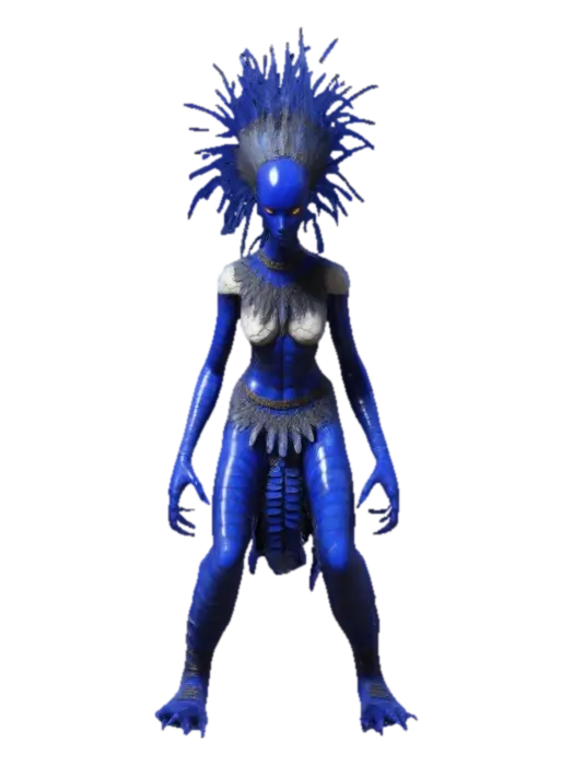 game character, humanoid centipede like simple woman, With fethers hairstyle,… 3D model, vytvořený pomocí AI