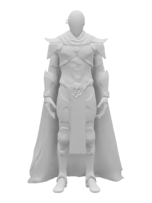 3D model for A towering automaton knight, forged from gleaming bronze and black obsidian, with veins of molten gold coursing through his frame. His face is a smooth, expressionless mask, save for two piercing sapphire lights where eyes should be. A flowing cobalt cape, torn yet regal, drapes over his broad shoulders. Arcane sigils glow faintly along his plated arms, powering a colossal, a sentinel of lost empires, #game figure#