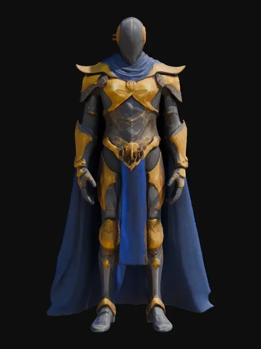3D model for A towering automaton knight, forged from gleaming bronze and black obsidian, with veins of molten gold coursing through his frame. His face is a smooth, expressionless mask, save for two piercing sapphire lights where eyes should be. A flowing cobalt cape, torn yet regal, drapes over his broad shoulders. Arcane sigils glow faintly along his plated arms, powering a colossal, a sentinel of lost empires, #game figure#