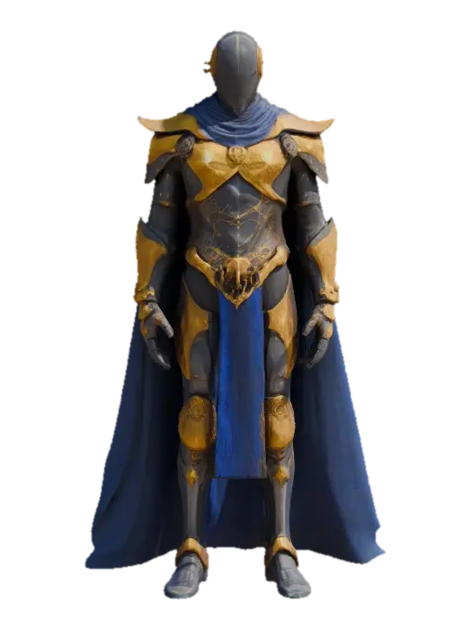 3D model for A towering automaton knight, forged from gleaming bronze and black obsidian, with veins of molten gold coursing through his frame. His face is a smooth, expressionless mask, save for two piercing sapphire lights where eyes should be. A flowing cobalt cape, torn yet regal, drapes over his broad shoulders. Arcane sigils glow faintly along his plated arms, powering a colossal, a sentinel of lost empires, #game figure#