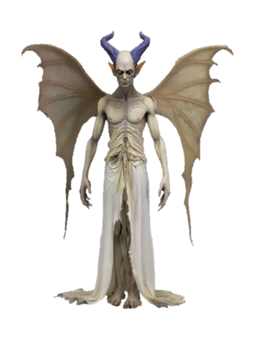 3D model for Male fairy, looking grotesque with spectral vainy wings, tattered half robe, scary look,, #game figure#