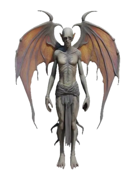 3D model for Male fairy, looking grotesque with spectral vainy wings, decaying rotting skin, dirty tattered half robe, scary look,, #game figure#