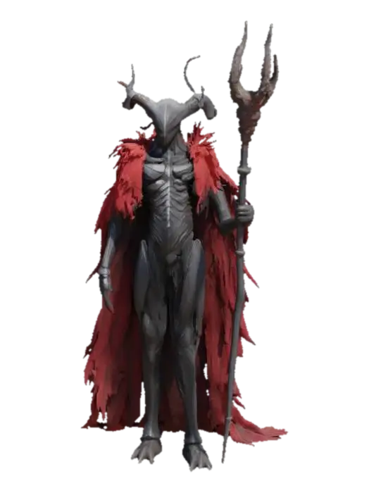 A slender, otherworldly warrior with an exoskeletal black body, featuring organic,… - Haunting 3D model, vytvořený pomocí AI