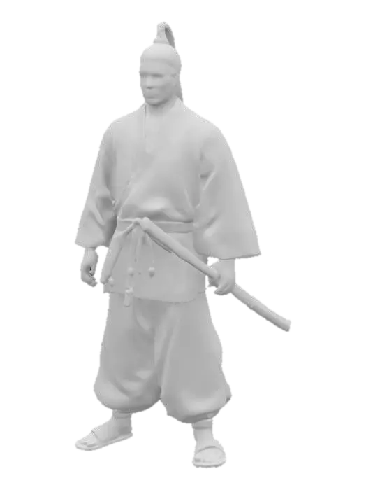 3D model for A realistic 3D samurai warrior with longer ponytail dark hair, wearing a deep red gi and loose, gray hakama pants. His face is calm yet determined, with a subtle battle-worn look. A finely crafted katana rests in a worn wooden sheath at his side. His outfit has natural folds, detailed fabric textures, and slight weathering.