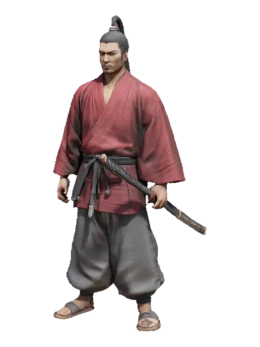 3D model for A realistic 3D samurai warrior with longer ponytail dark hair, wearing a deep red gi and loose, gray hakama pants. His face is calm yet determined, with a subtle battle-worn look. A finely crafted katana rests in a worn wooden sheath at his side. His outfit has natural folds, detailed fabric textures, and slight weathering.