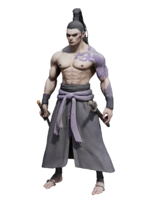 lean swordsman with sharp dark purple piercing eyes and ponytail black hairstyle… 3D model, vytvořený pomocí AI