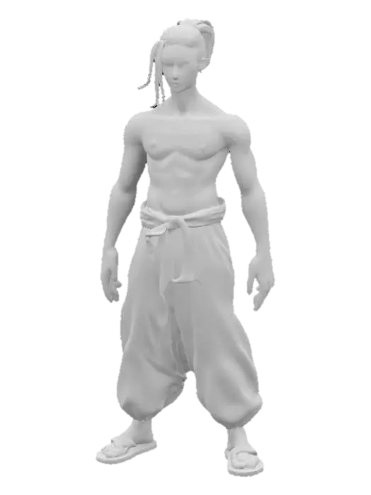 3D model for lean male teenager with sharp dark purple piercing eyes and ponytail black hairstyle framing his pale face, his skin adorned with black forgotten language markings. dark hakama with a loosely tied gray cloth belt. radiating dark energy. His stance is serious, exuding bloodlust and mystery.