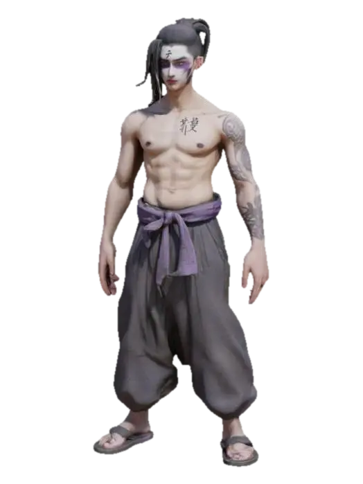 3D model for lean male teenager with sharp dark purple piercing eyes and ponytail black hairstyle framing his pale face, his skin adorned with black forgotten language markings. dark hakama with a loosely tied gray cloth belt. radiating dark energy. His stance is serious, exuding bloodlust and mystery.