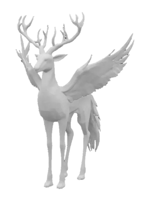 3D model for A creature resembling a hybrid of a deer and a phoenix, with smooth, obsidian-black fur that has fiery orange and gold streaks running through it. Its legs are long and slender, ending in hooves that shimmer like molten metal. Two large, feathery wings sprout from its back, each feather glowing softly with ember-like tips. Its head is elegant, with glowing, silver antlers that twist upwards, and deep, amber eyes. The tail is long and #fairy#.