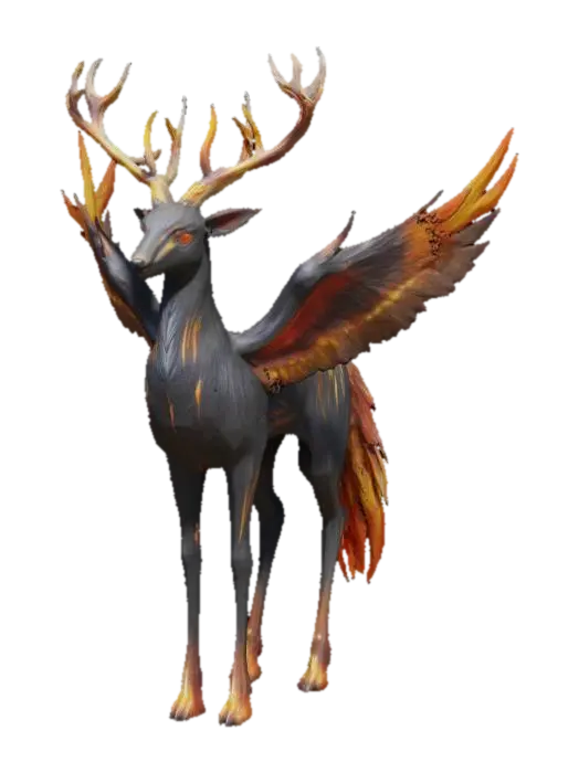 3D model for A creature resembling a hybrid of a deer and a phoenix, with smooth, obsidian-black fur that has fiery orange and gold streaks running through it. Its legs are long and slender, ending in hooves that shimmer like molten metal. Two large, feathery wings sprout from its back, each feather glowing softly with ember-like tips. Its head is elegant, with glowing, silver antlers that twist upwards, and deep, amber eyes. The tail is long and #fairy#.