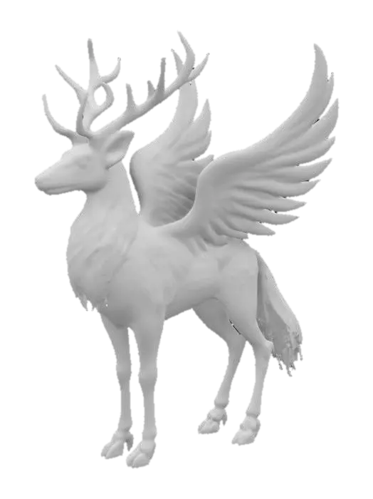 3D model for A creature resembling a hybrid of a deer and a phoenix, with smooth, obsidian-black fur that has fiery orange and gold streaks running through it. Its legs are long and slender, ending in hooves that shimmer like molten metal. Two large, feathery wings sprout from its back, each feather glowing softly with ember-like tips. Its head is elegant, with glowing, silver antlers that twist upwards, and deep, amber eyes. The tail is long and #fairy#.