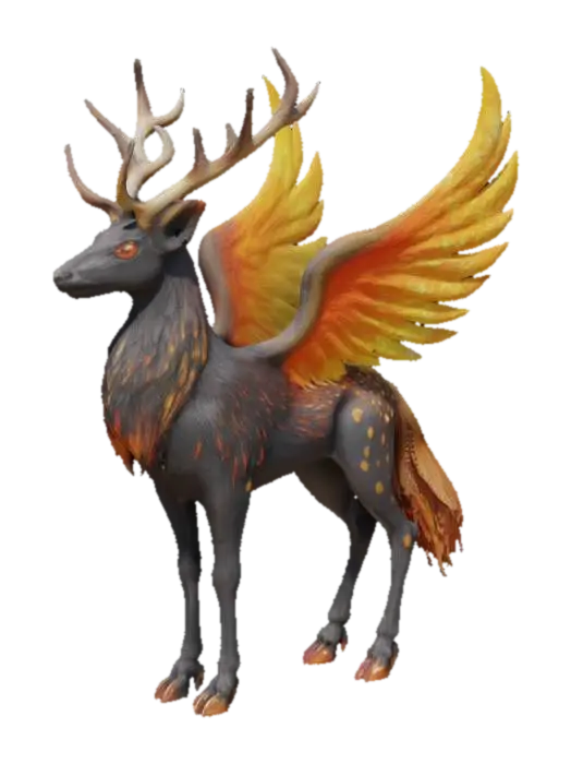 3D model for A creature resembling a hybrid of a deer and a phoenix, with smooth, obsidian-black fur that has fiery orange and gold streaks running through it. Its legs are long and slender, ending in hooves that shimmer like molten metal. Two large, feathery wings sprout from its back, each feather glowing softly with ember-like tips. Its head is elegant, with glowing, silver antlers that twist upwards, and deep, amber eyes. The tail is long and #fairy#.